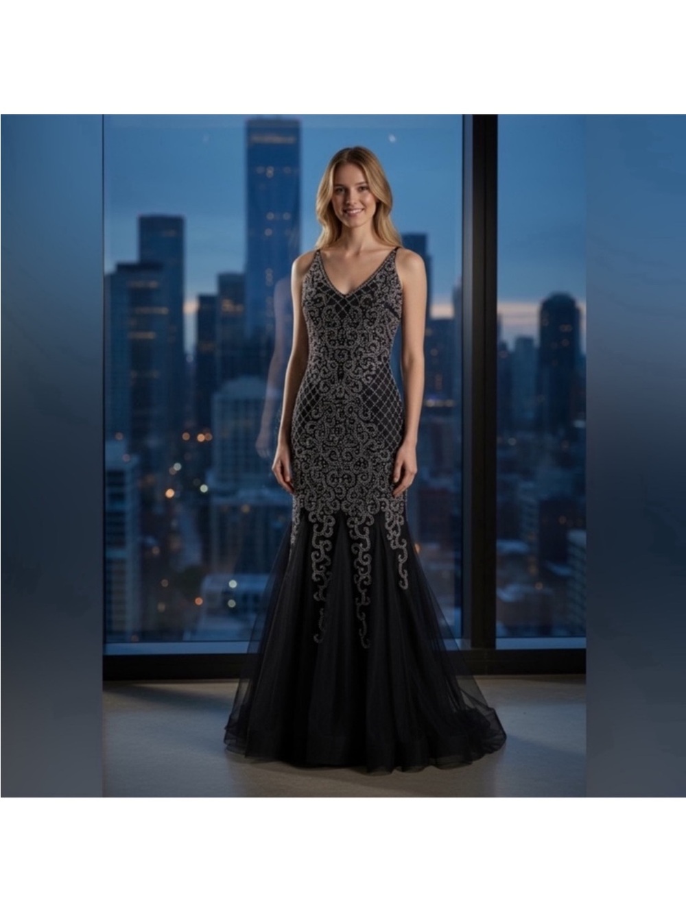 Xscape Black Womens Strappy Beaded Embellished Mesh V-Neck Mermaid Gown